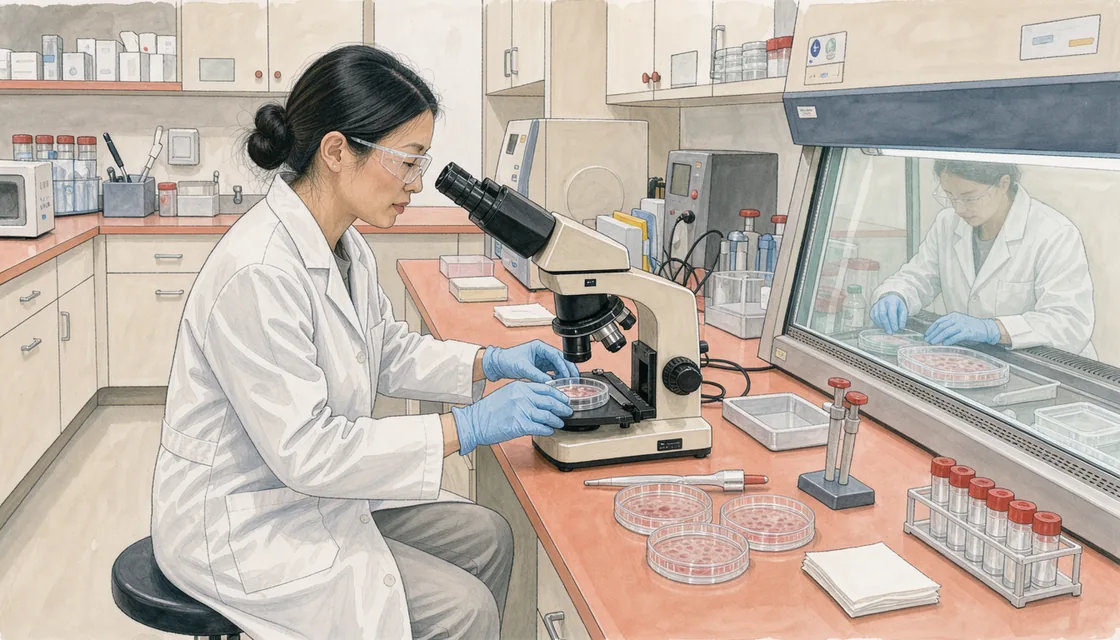 A technician seated at an inverted microscope beside cell-culture dishes on a pale laboratory bench