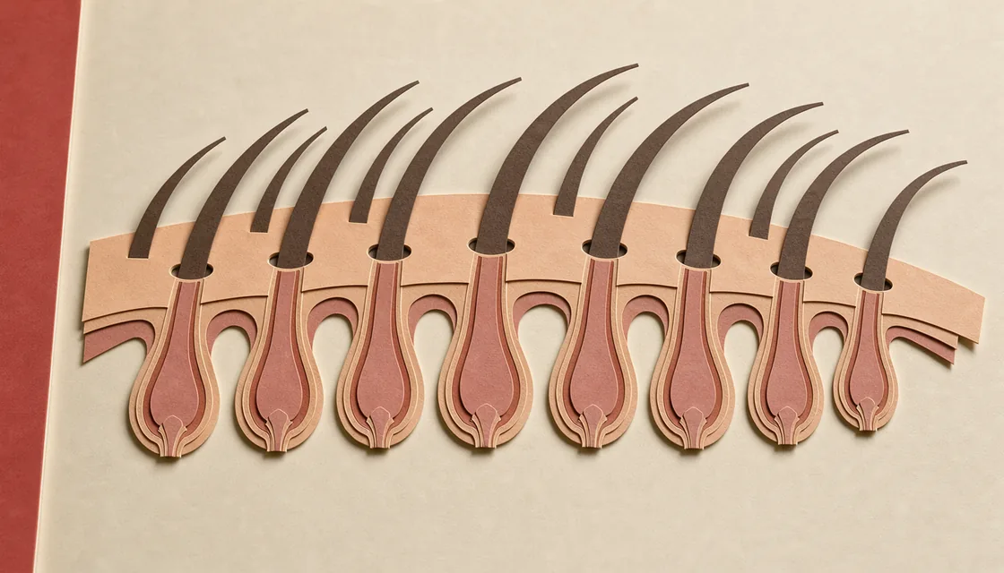 An editorial cut-paper illustration shows hair strands and rounded follicles beneath a curved peach scalp surface
