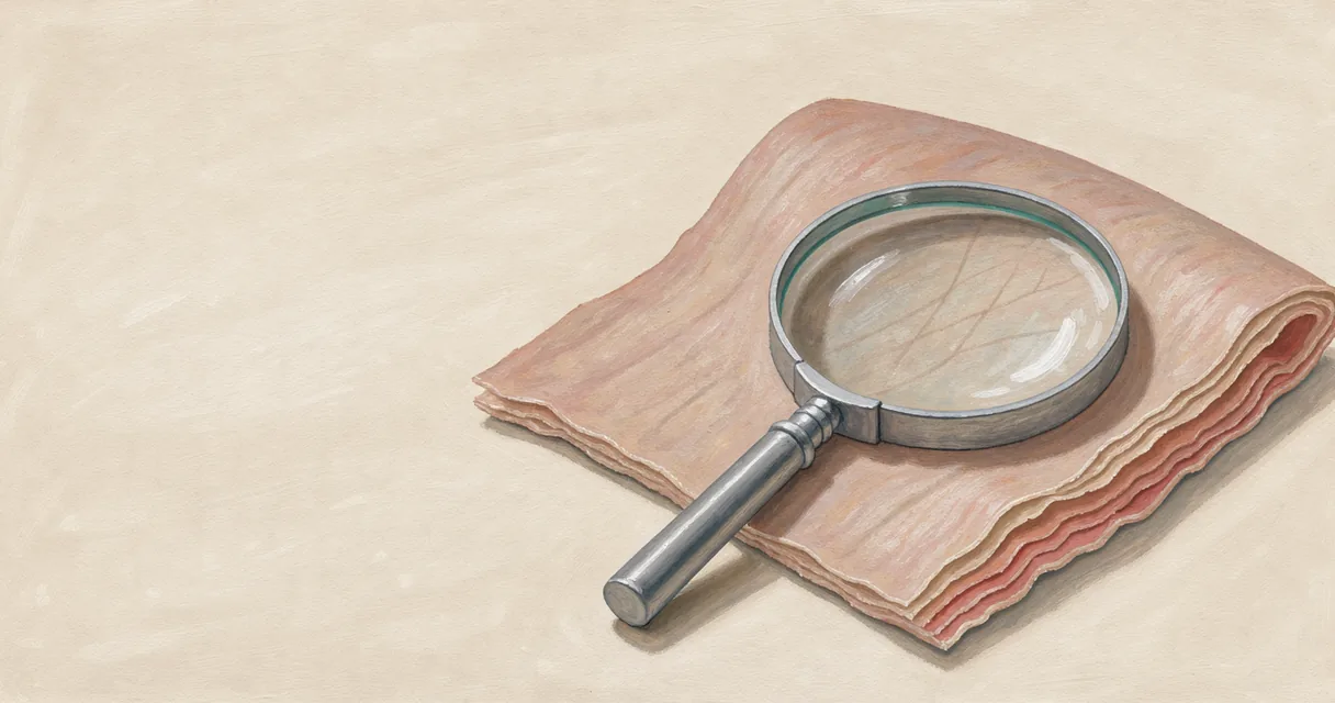 Illustrated skin surface beneath a large magnifying lens, with layered tissue visible at the edge