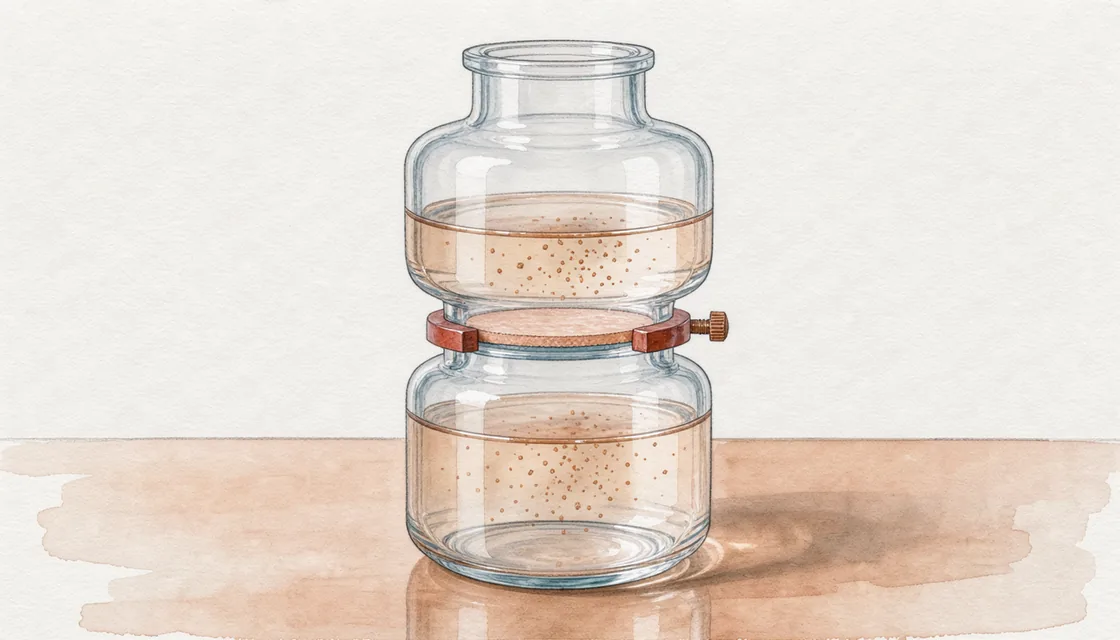 A glass diffusion apparatus holds a thin peach membrane between clear chambers on a blush work surface